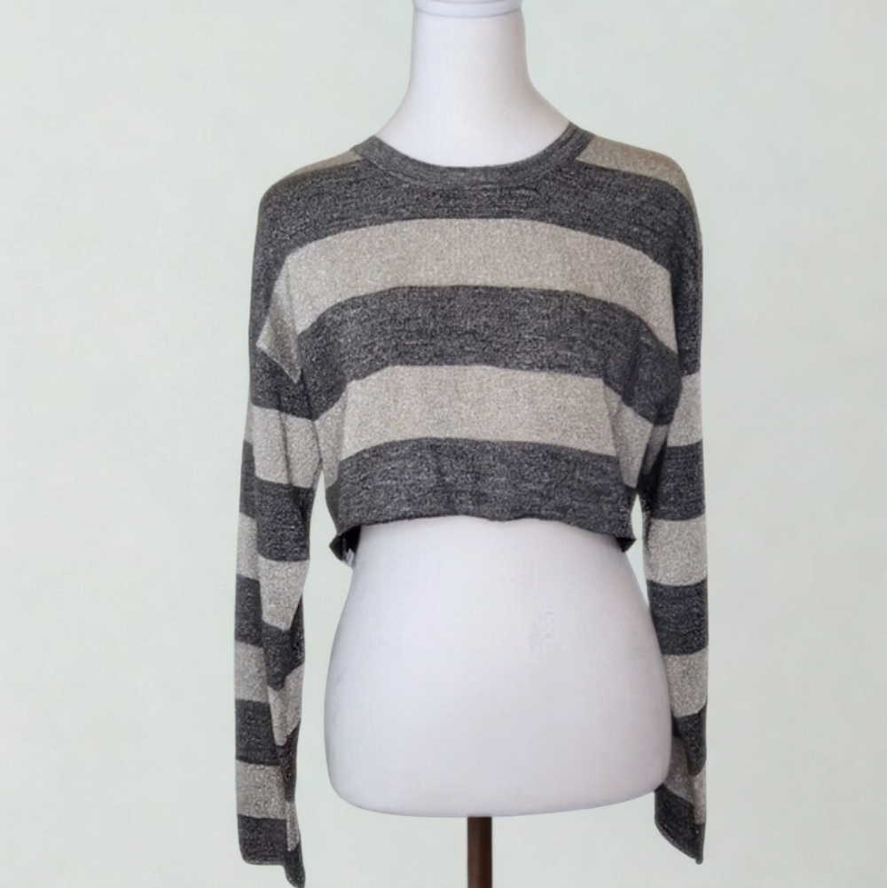 Derek Lam 10 Crosby Metallic Striped Cropped Crewneck Knit Sweater Size Large